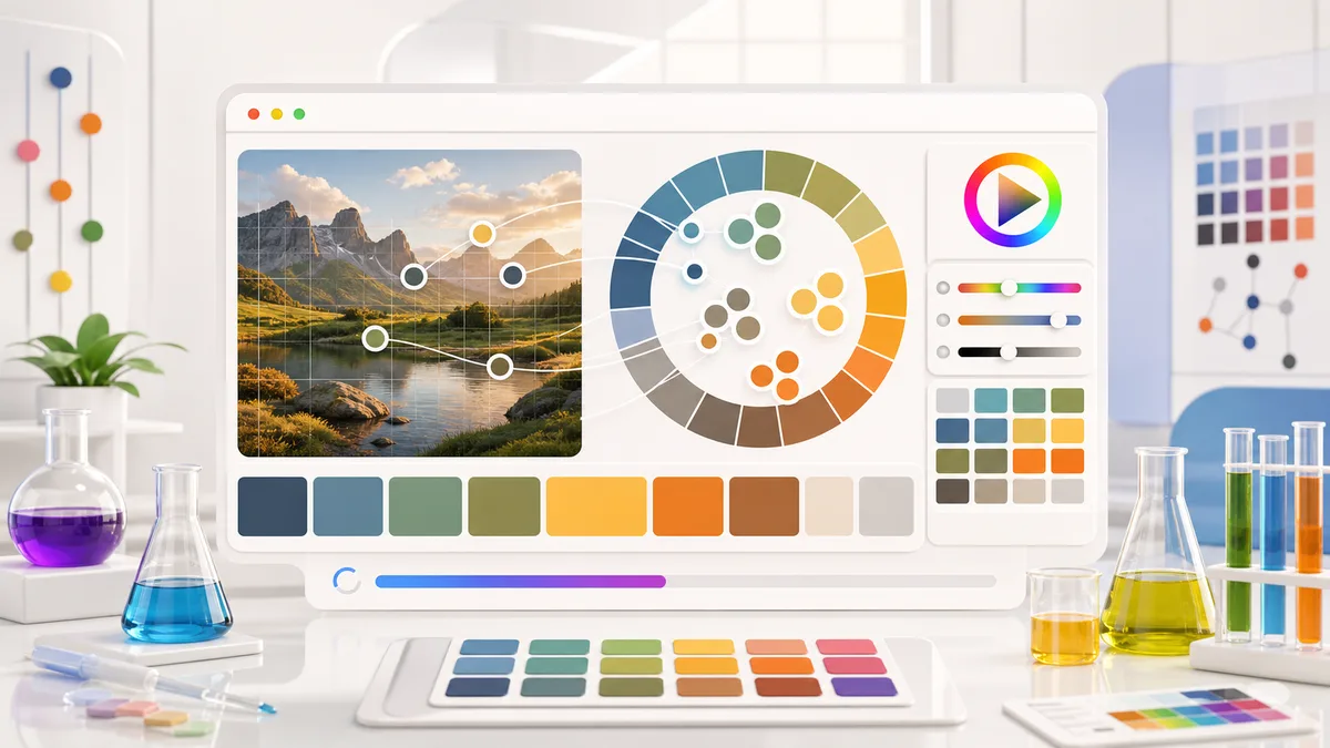 A Palette Lab illustration of image analysis turning an uploaded photo into dominant color swatches